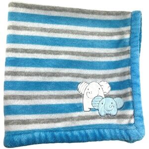 Absorba Blue White Gray Stripe Elephant Blanket Lovey Square Fleece 26x26 Boy